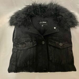 Fashion Nova Black Denim Jacket with Faux Fur Collar